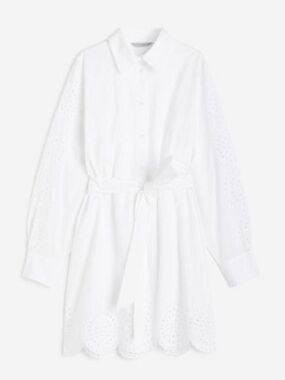 H&M White Eyelet Shirt Dress with Tie Waist